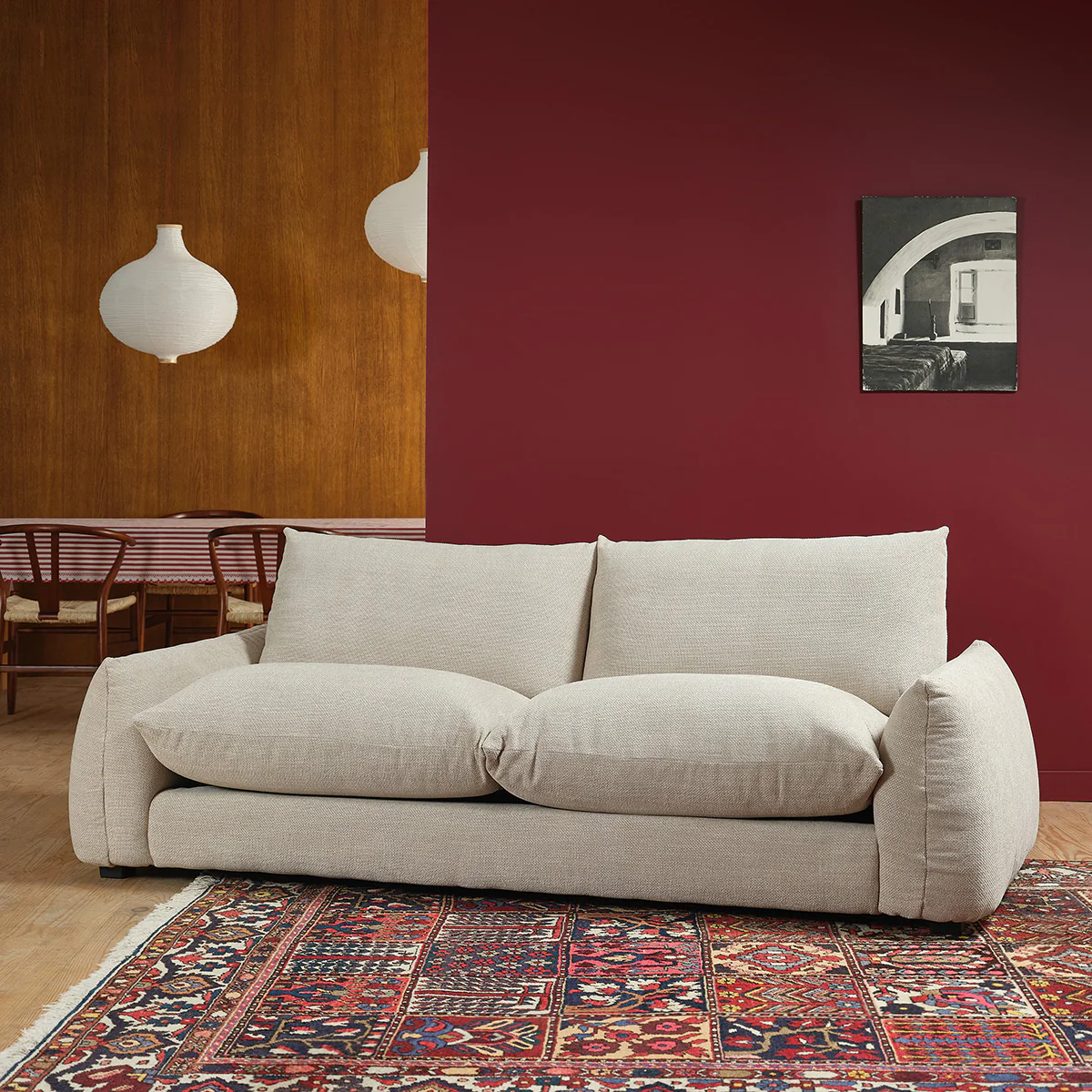 Gerades 3-Sitzer-Sofa aus beigem meliertem Strukturstoff - Image 3