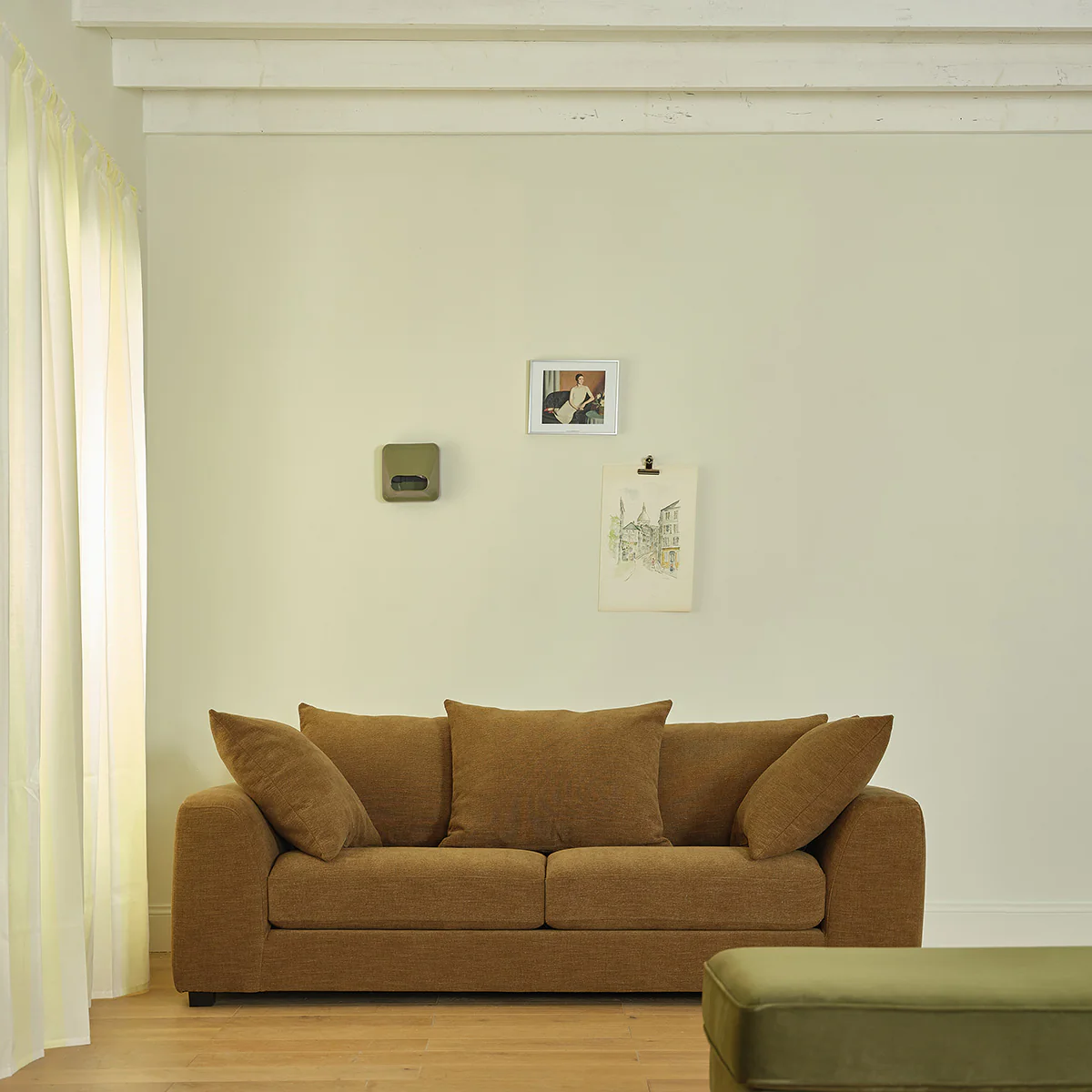 Gerades 3-Sitzer-Sofa aus bronzefarbenem Stoff in Leinenoptik