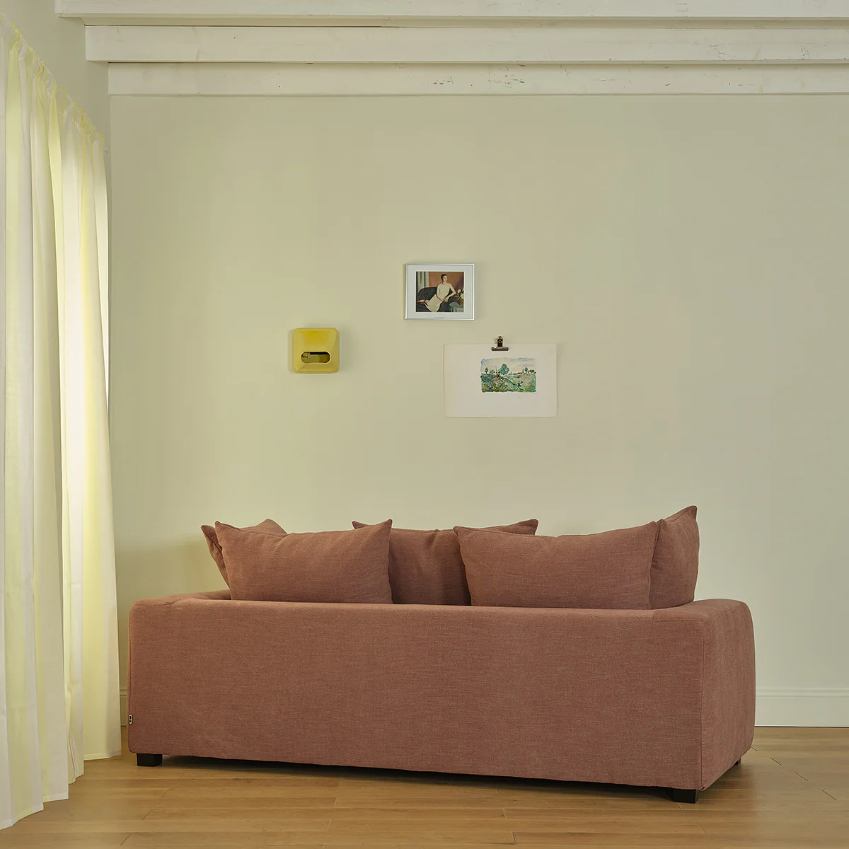 Gerades 3-Sitzer-Sofa aus terrakottafarbenem Stoff in Leinenoptik - Image 4