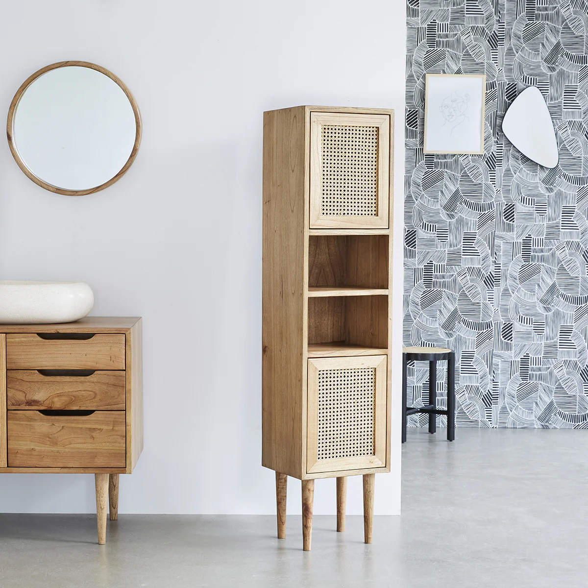 Badezimmer-Hochschrank aus massivem Mindi und mit Rohrgeflecht 150 cm - Image 3