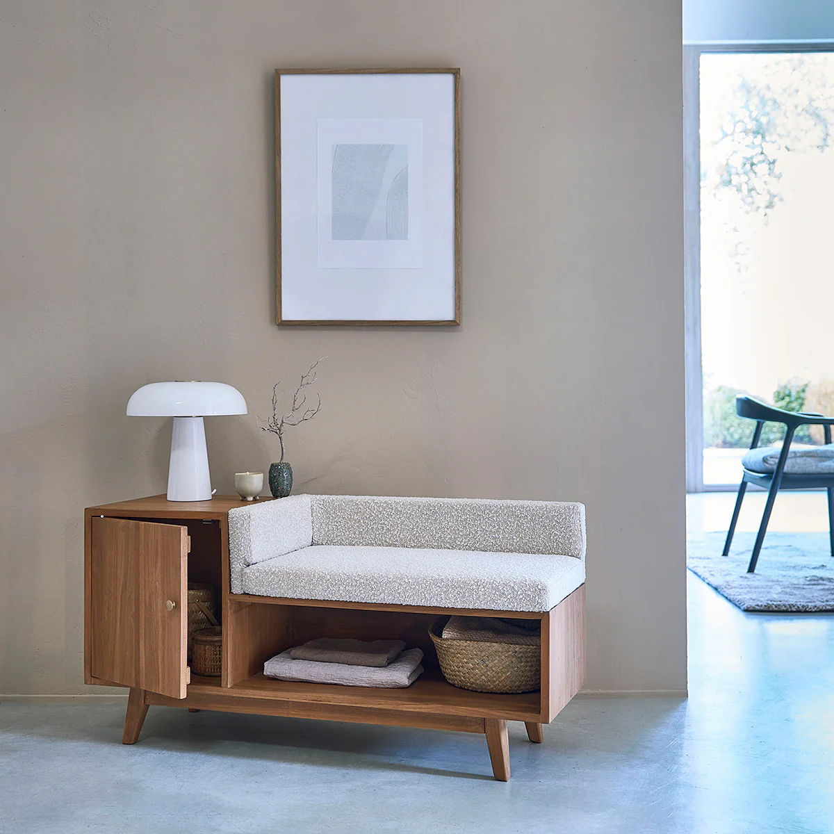 Bank aus massivem Teakholz und Bouclé-Stoff 120 cm - Image 3