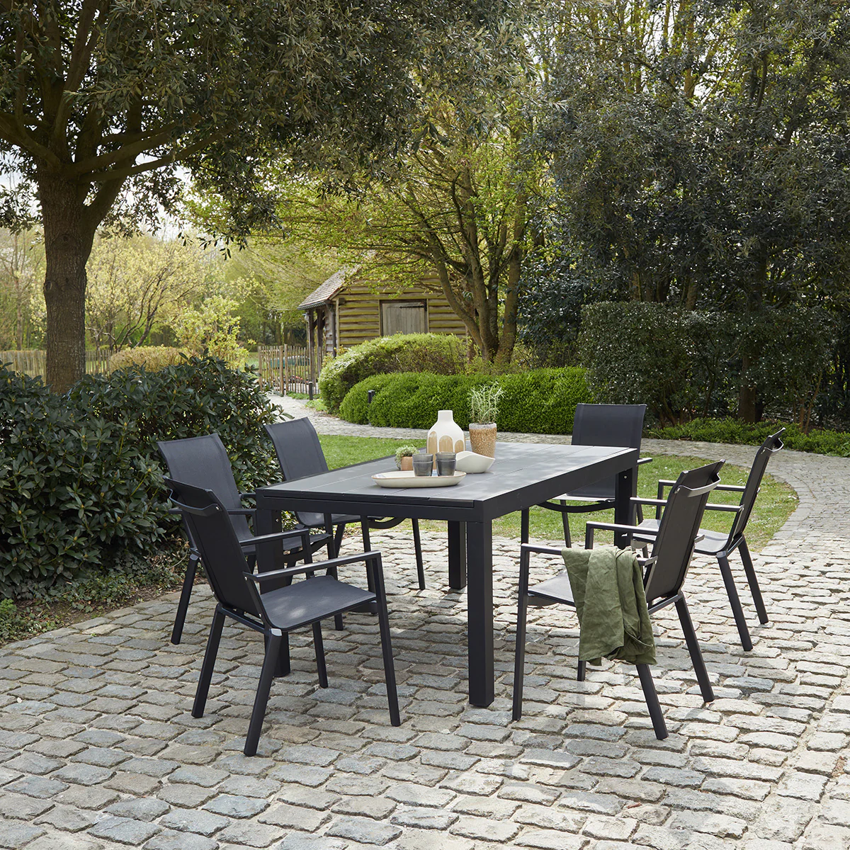 Gartenmöbel aus schwarzem Aluminium und grauem Textilene 6/10 pers. - Image 3