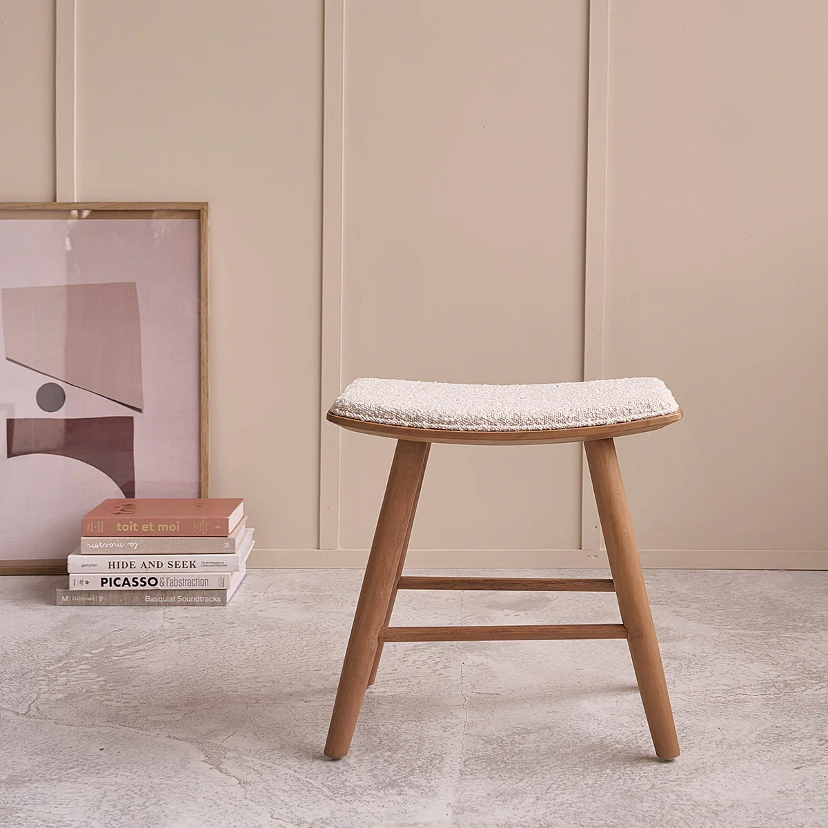 Barhocker aus massivem Teakholz Sitzfläche aus Bouclé 45 cm - Image 4