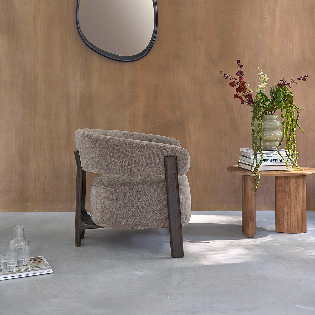 Sessel aus massiver Eiche mit Nussbaum-Finish und Chenille-Stoff in Taupe - Image 3