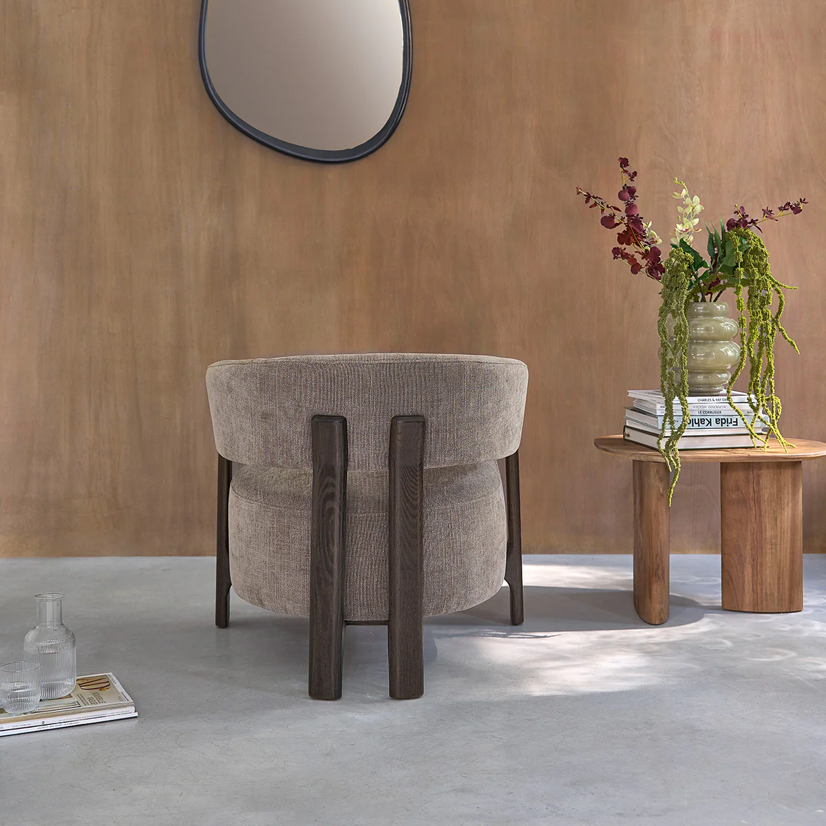 Sessel aus massiver Eiche mit Nussbaum-Finish und Chenille-Stoff in Taupe - Image 4