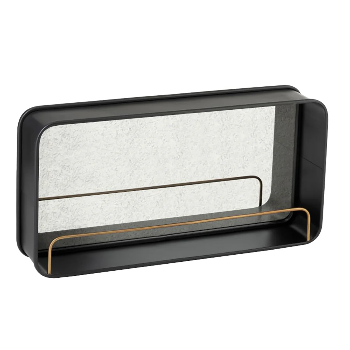 Schwarzer Metallspiegel mit goldenem Regal