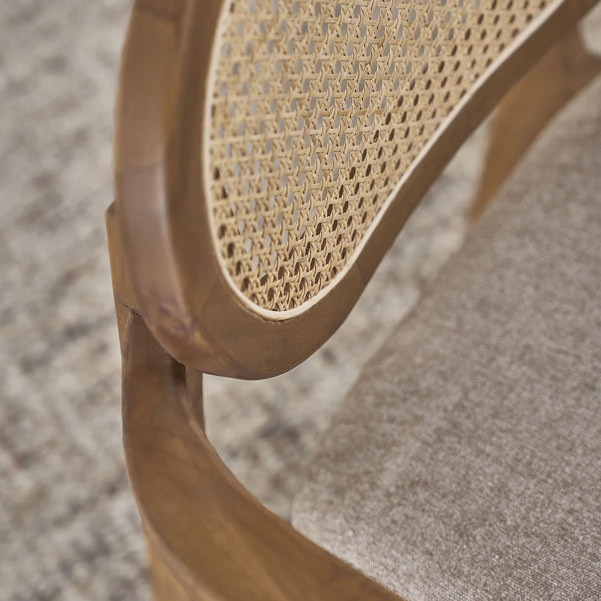 Sessel aus massivem Teakholz, Rohrgeflecht und Stoff in Greige (Kombination aus grau und beige) - Image 5