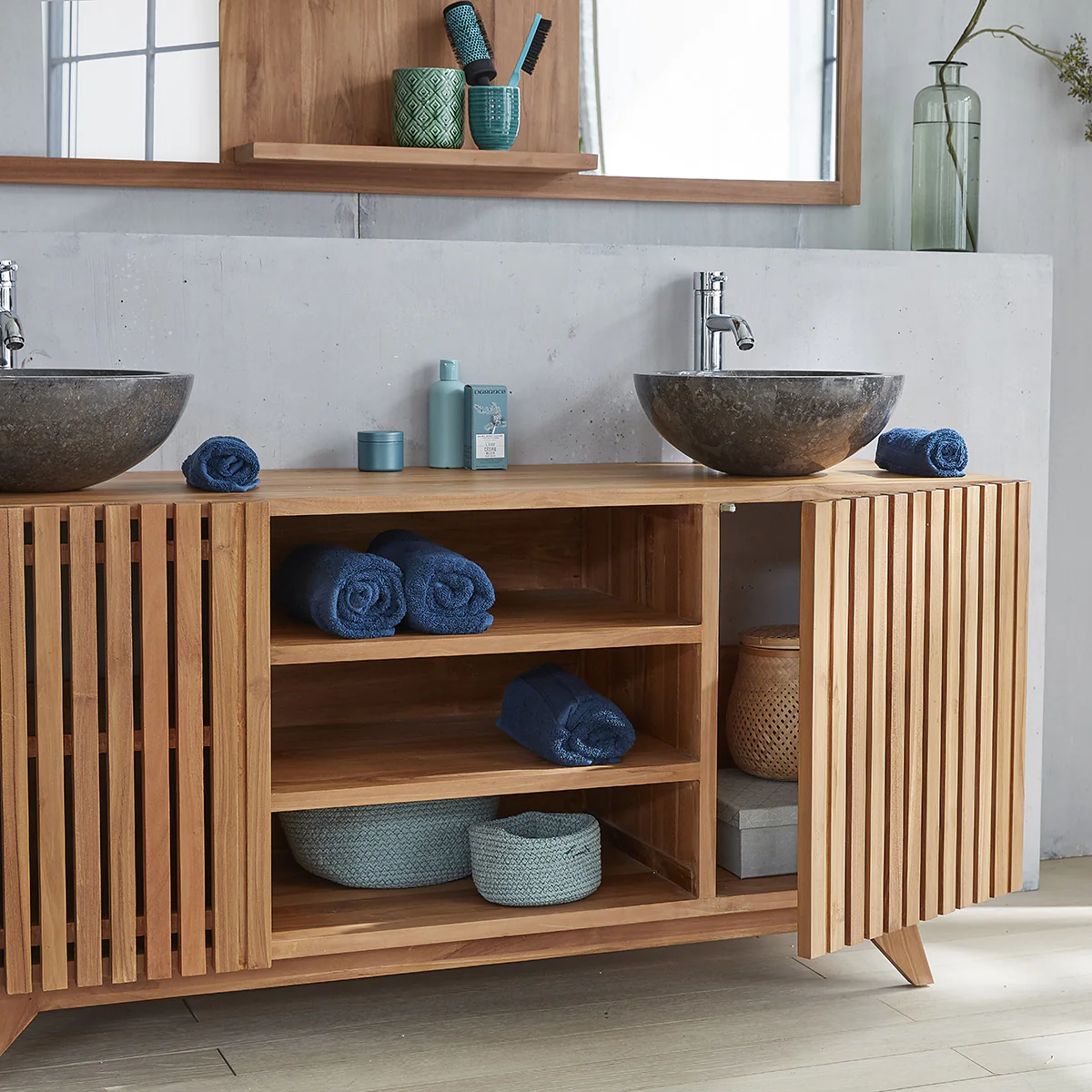 Waschtischunterschrank aus massivem Teakholz 160 cm mit Latten - Image 4