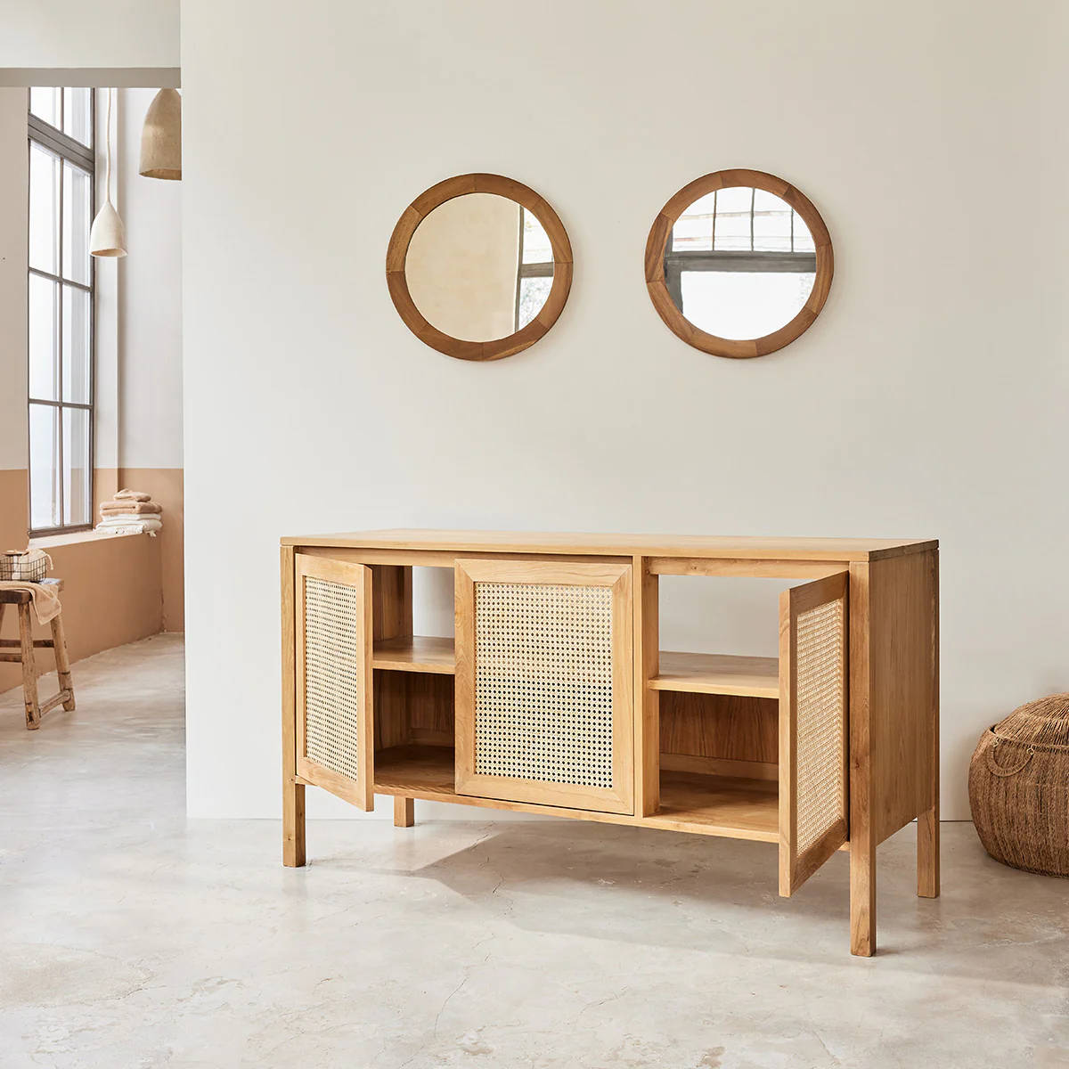 Waschtischunterschrank aus massivem Teakholz und mit Rohrgeflecht 145 cm - Image 4